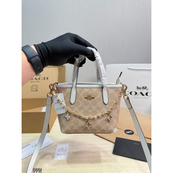 Mini City Tote Bag with Clover Charm (Beige Signature Canvas)